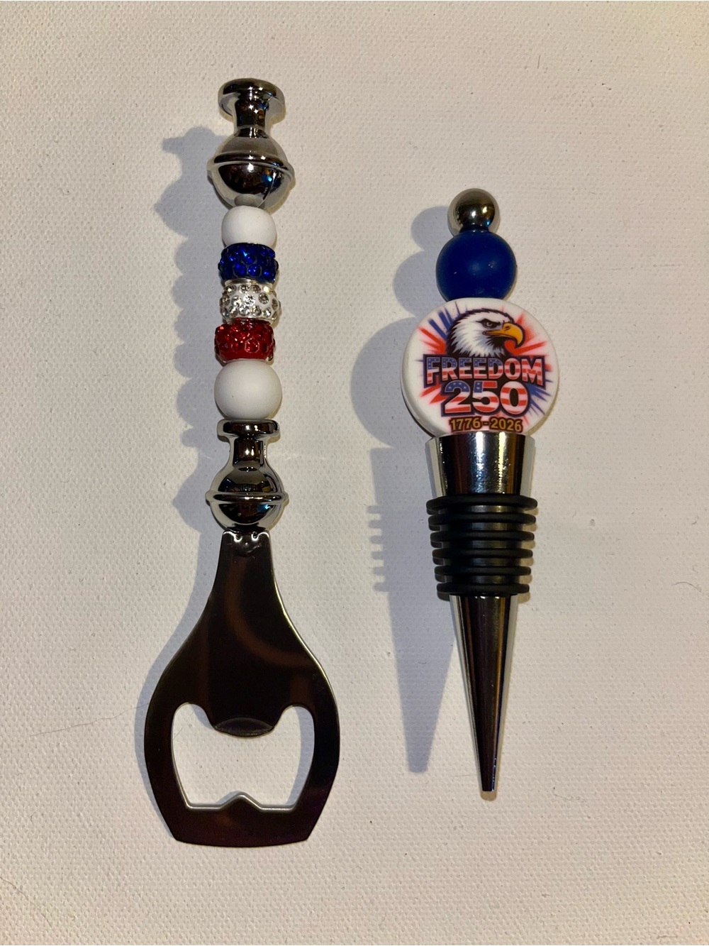 Patriotic Blue and Silver Bottle Stopper & Opener Set